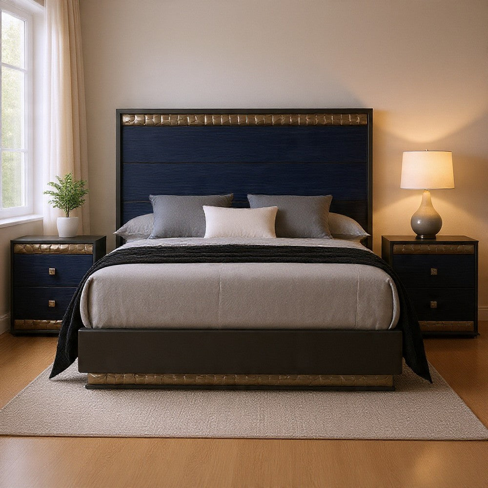 Queen Bedroom Set, Ash Gray, Indigo Blue, Chrome Wood, 3 Piece Set with 2 Nightstands