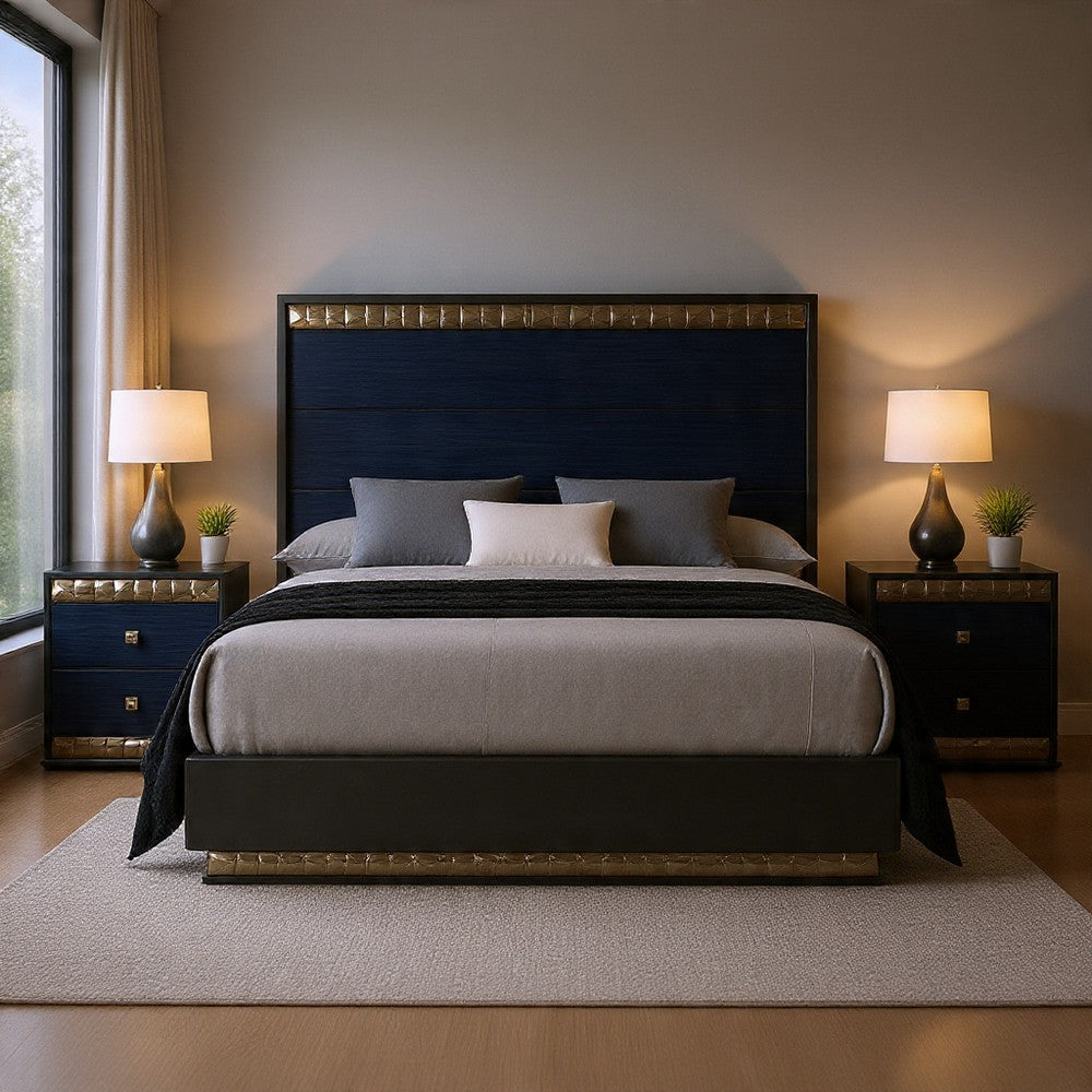 Queen Bedroom Set, Ash Gray, Indigo Blue, Chrome Wood, 3 Piece Set with 2 Nightstands