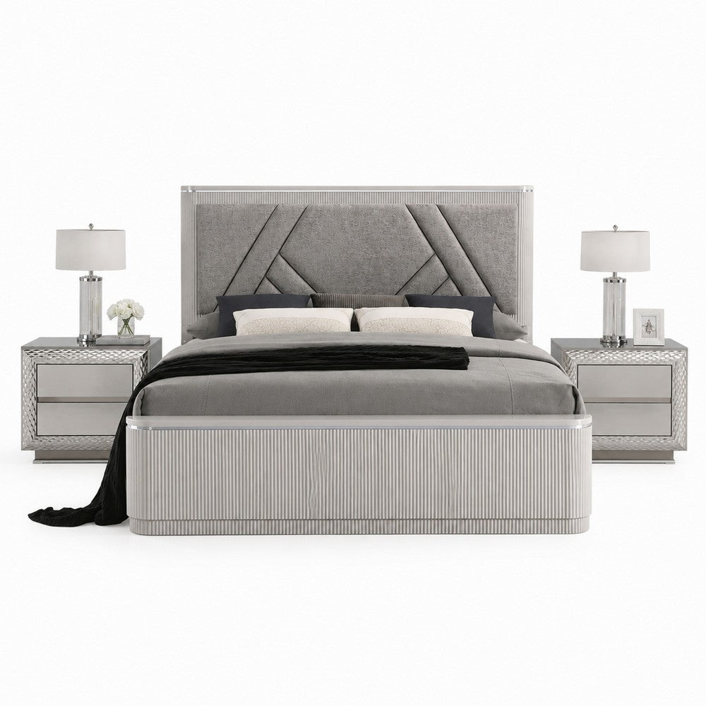 Queen Bedroom Set, Gray, Silver Wood, 3 Piece Set with 2 Nightstands