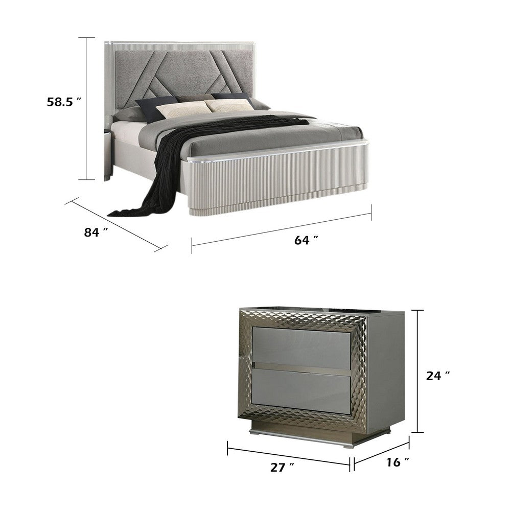 Queen Bedroom Set, Gray, Silver Wood, 3 Piece Set with 2 Nightstands