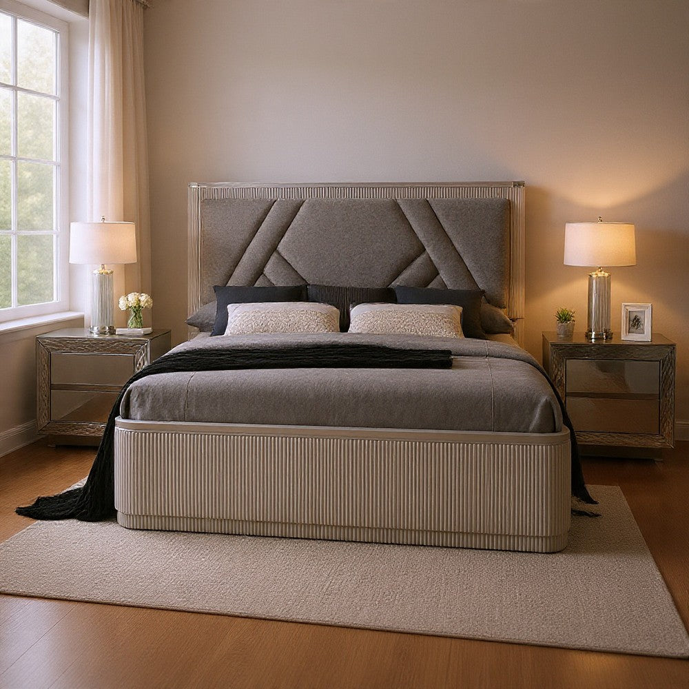 Queen Bedroom Set, Gray, Silver Wood, 3 Piece Set with 2 Nightstands