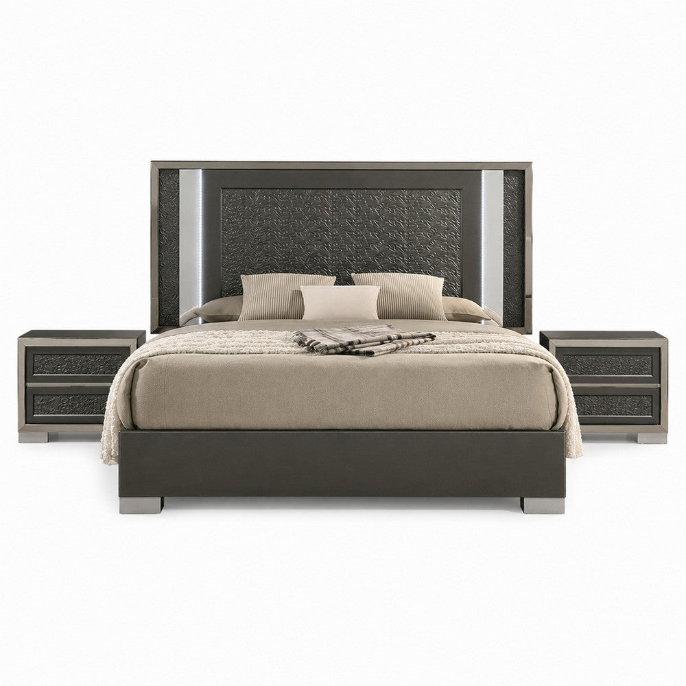 Queen Bedroom Set, White, Gray Wood, 3 Piece Set with 2 Nightstands
