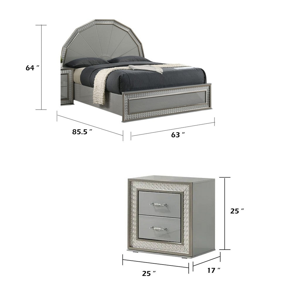 Queen Bedroom Set, Metallic Gray, Silver Wood, 2 Piece Set with Nightstand