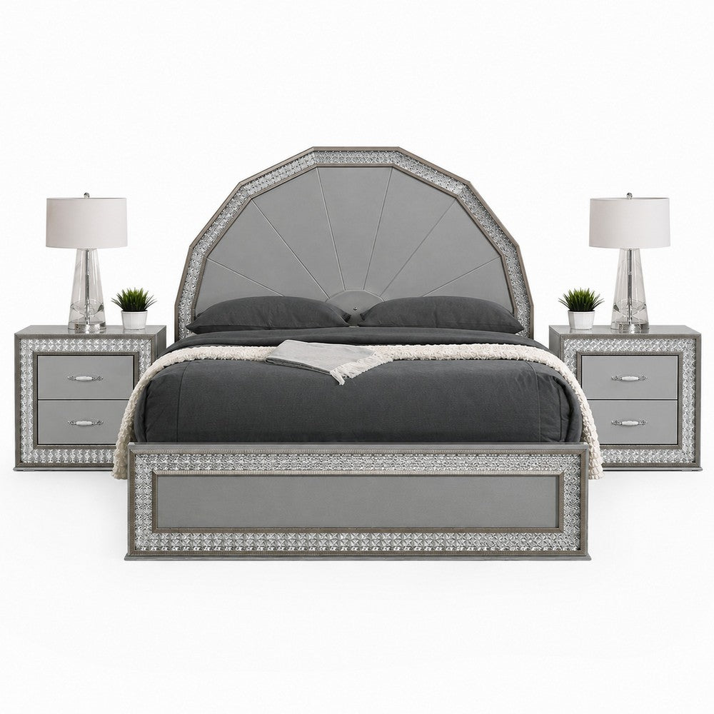 Queen Bedroom Set, Metallic Gray, Silver Wood, 3 Piece Set with 2 Nightstands