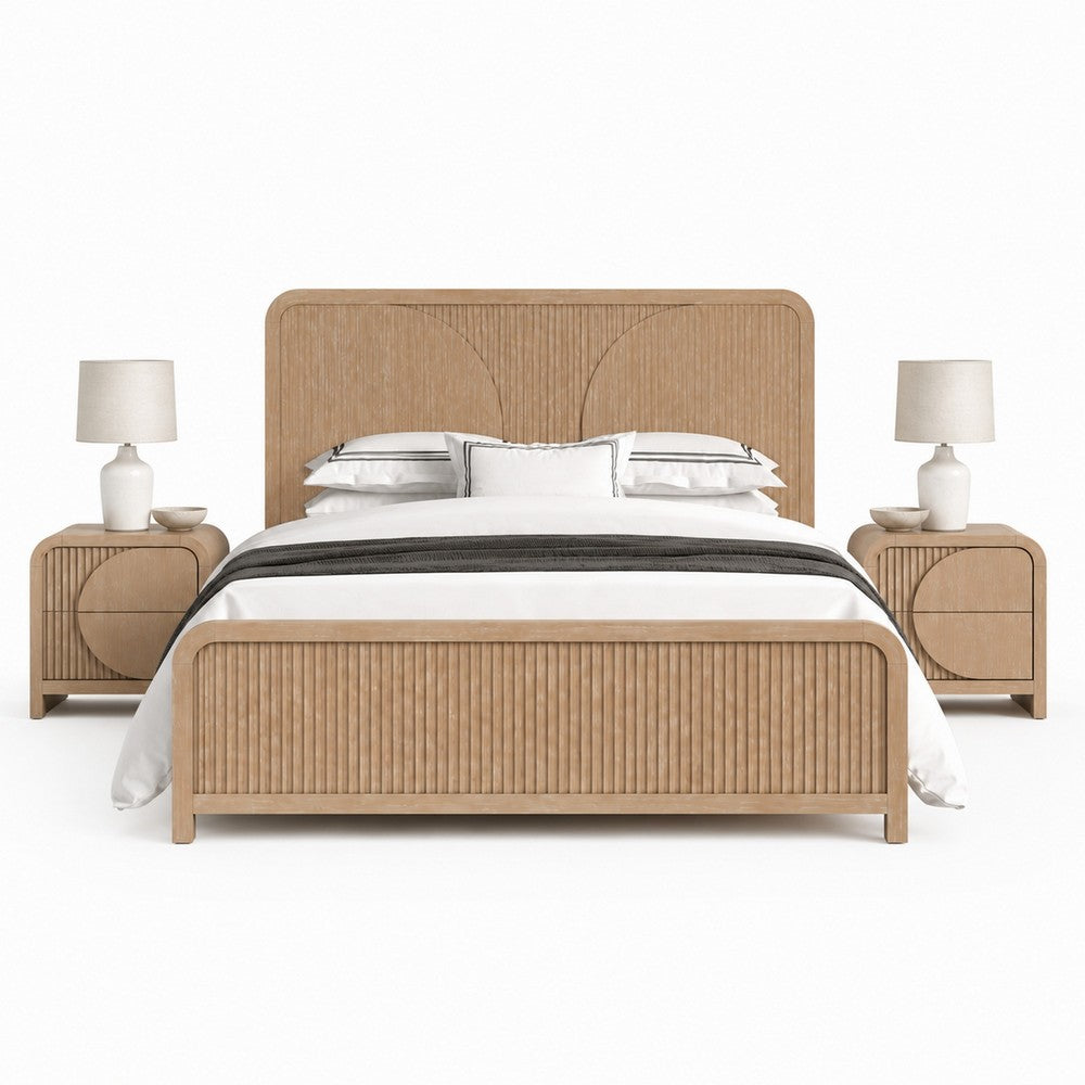 Queen Bedroom Set, Natural Brown Wood, 3 Piece Set with 2 Nightstands