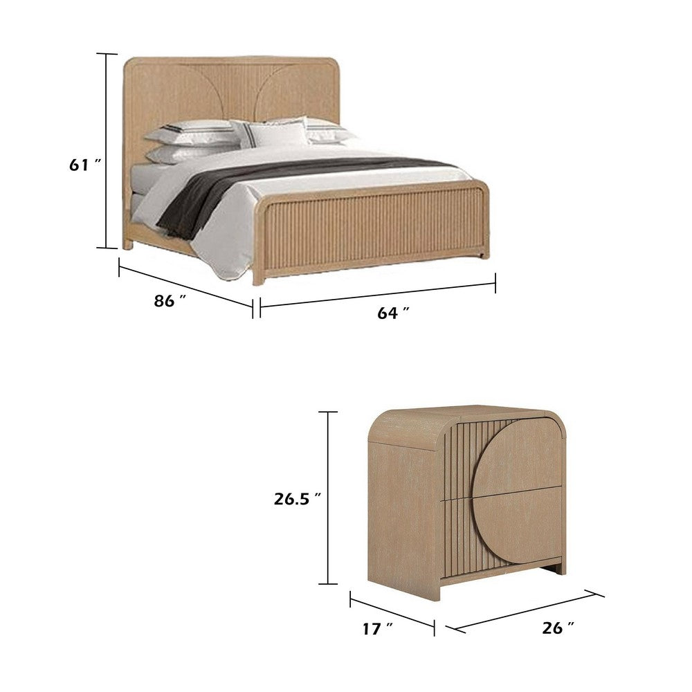 Queen Bedroom Set, Natural Brown Wood, 3 Piece Set with 2 Nightstands