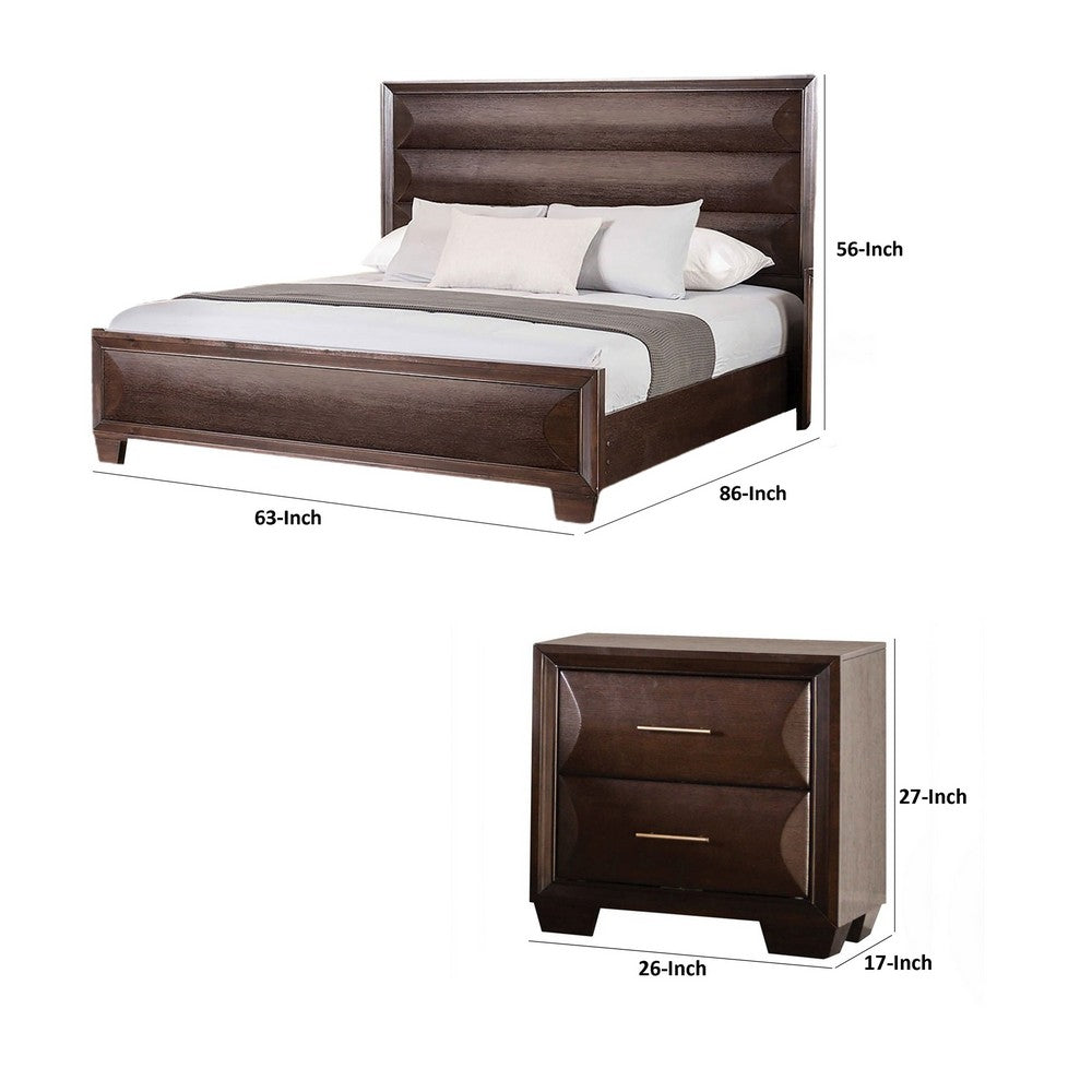 Queen Bedroom Set, Espresso Brown, Gold Wood, 3 Piece Set with 2 Nightstands
