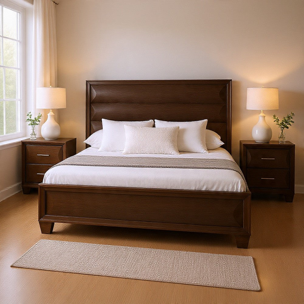 Queen Bedroom Set, Espresso Brown, Gold Wood, 3 Piece Set with 2 Nightstands