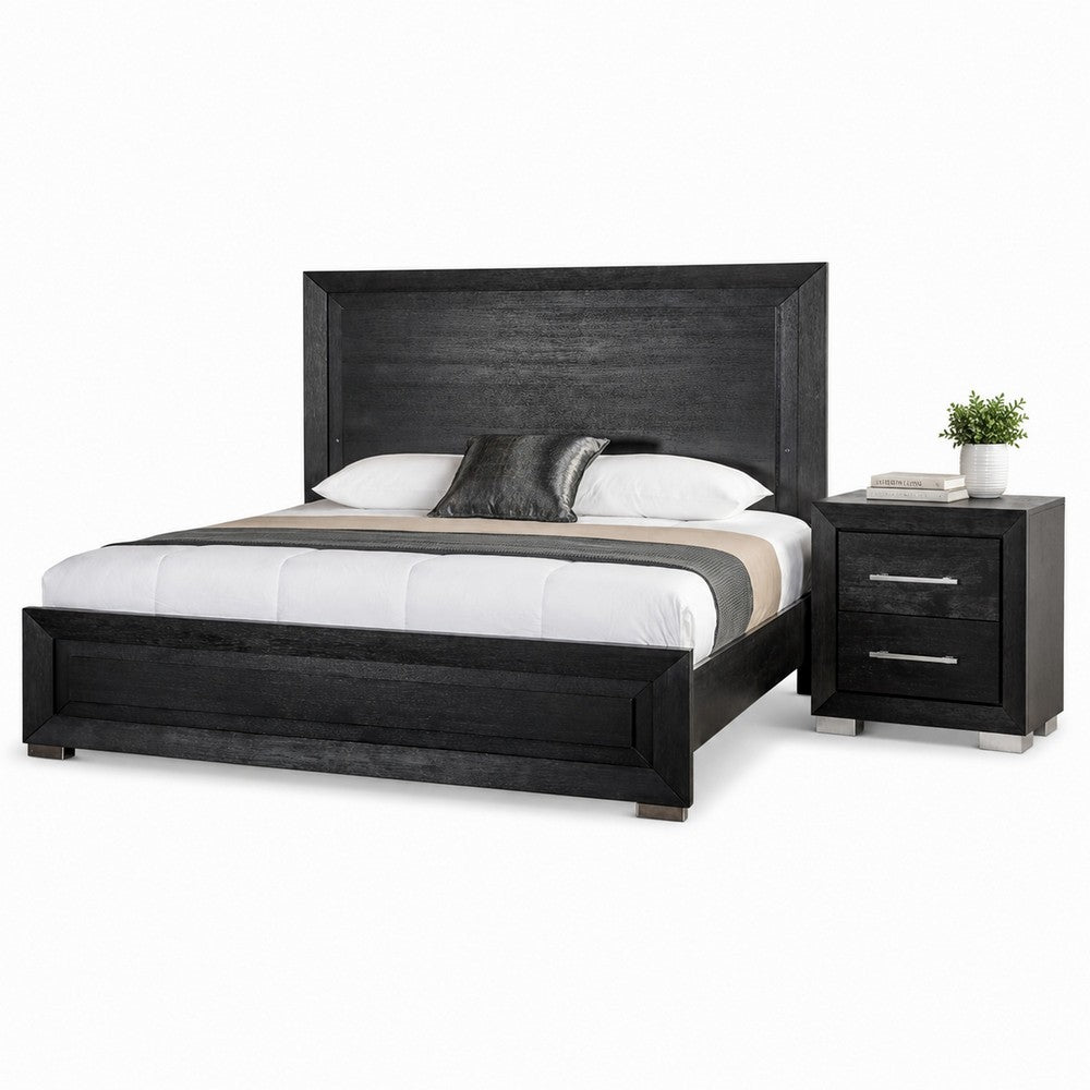 Queen Bedroom Set, Black, Chrome, Nickel Wood, 2 Piece Set with Nightstand