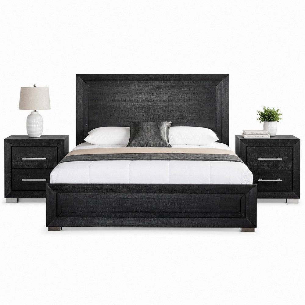 Queen Bedroom Set, Black, Chrome, Nickel Wood, 3 Piece Set with 2 Nightstands