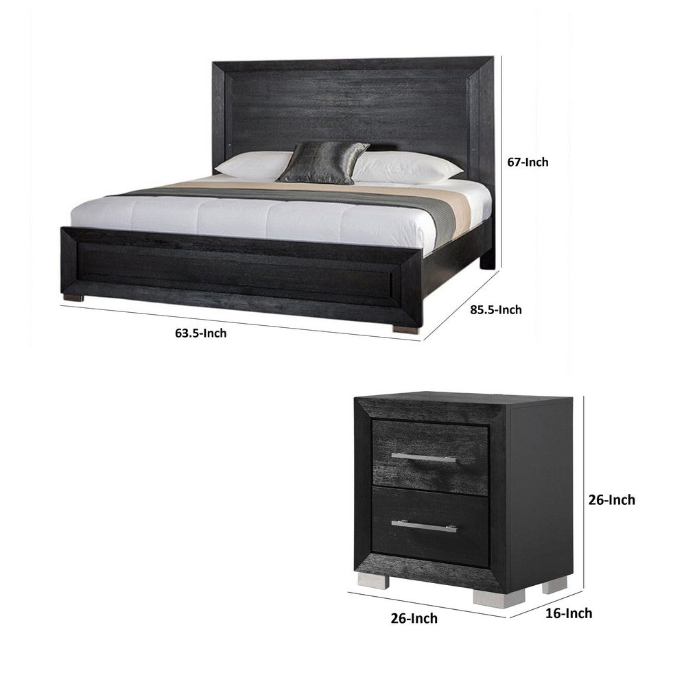 Queen Bedroom Set, Black, Chrome, Nickel Wood, 3 Piece Set with 2 Nightstands