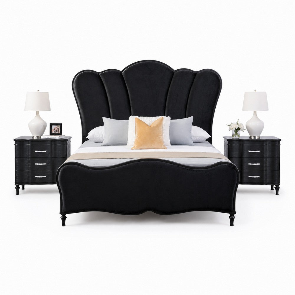 Queen Bedroom Set, Black, Chrome Wood, 3 Piece Set with 2 Nightstands