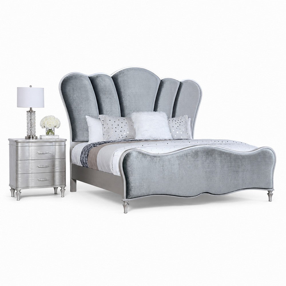 Queen Bedroom Set, Silver, Chrome Wood, 2 Piece Set with Nightstand