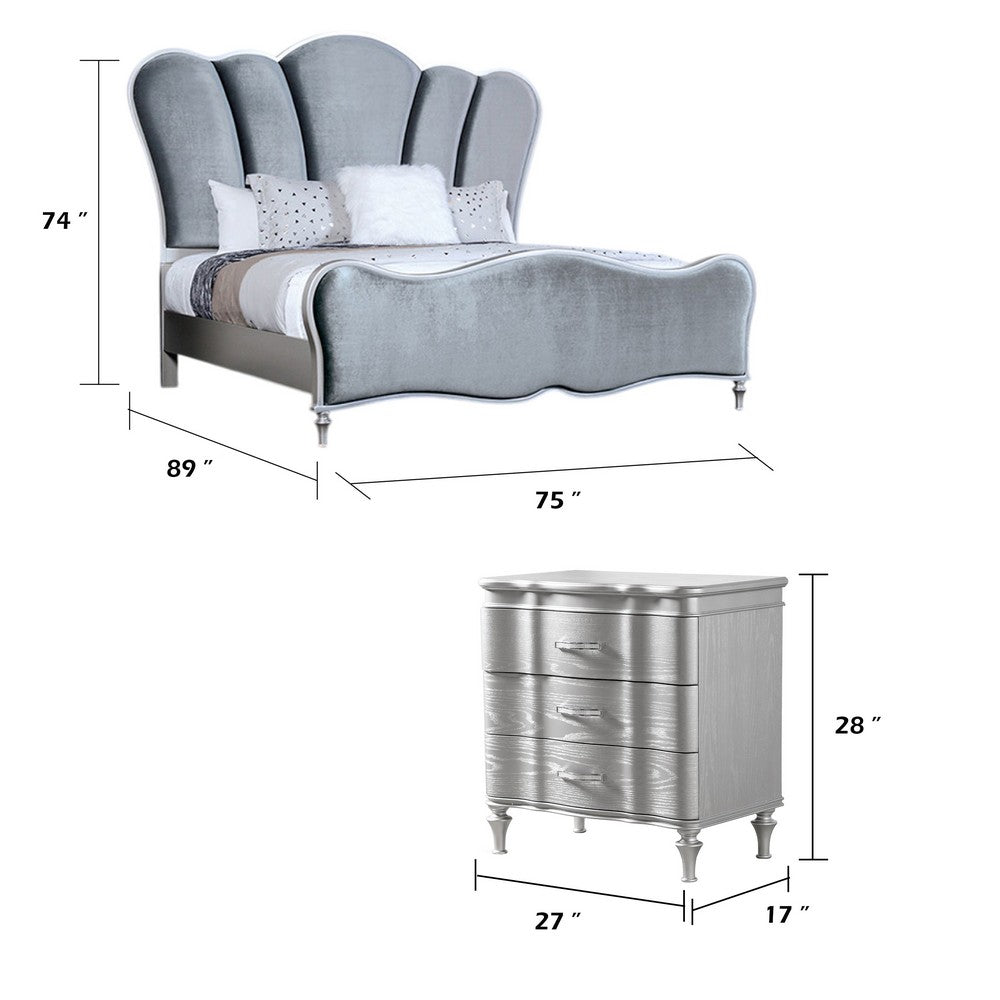 Queen Bedroom Set, Silver, Chrome Wood, 2 Piece Set with Nightstand