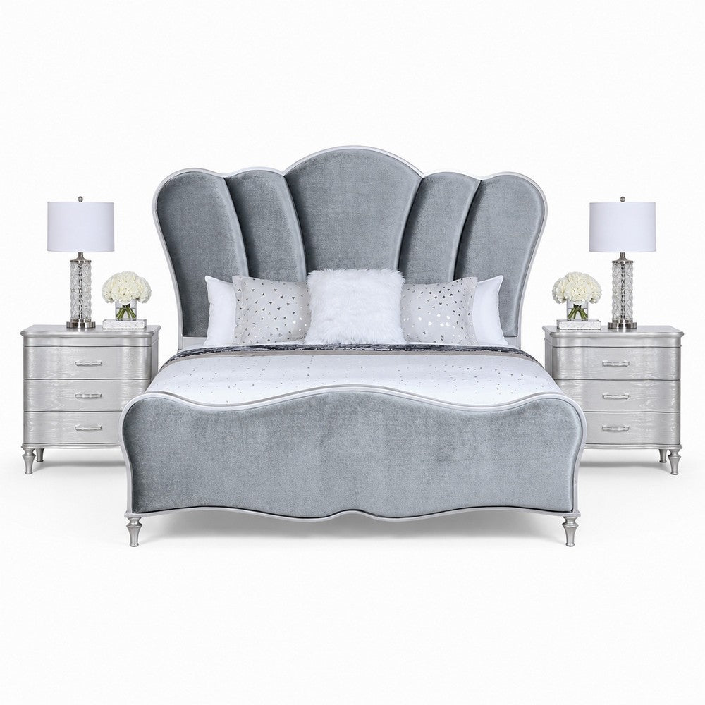 Queen Bedroom Set, Silver, Chrome Wood, 3 Piece Set with 2 Nightstands