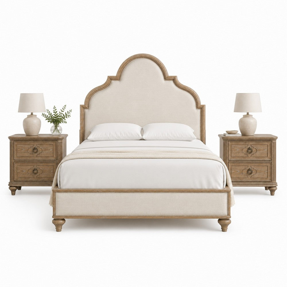 Queen Bedroom Set, Oak Brown, Gold, Ivory Wood, 3 Piece Set with 2 Nightstands