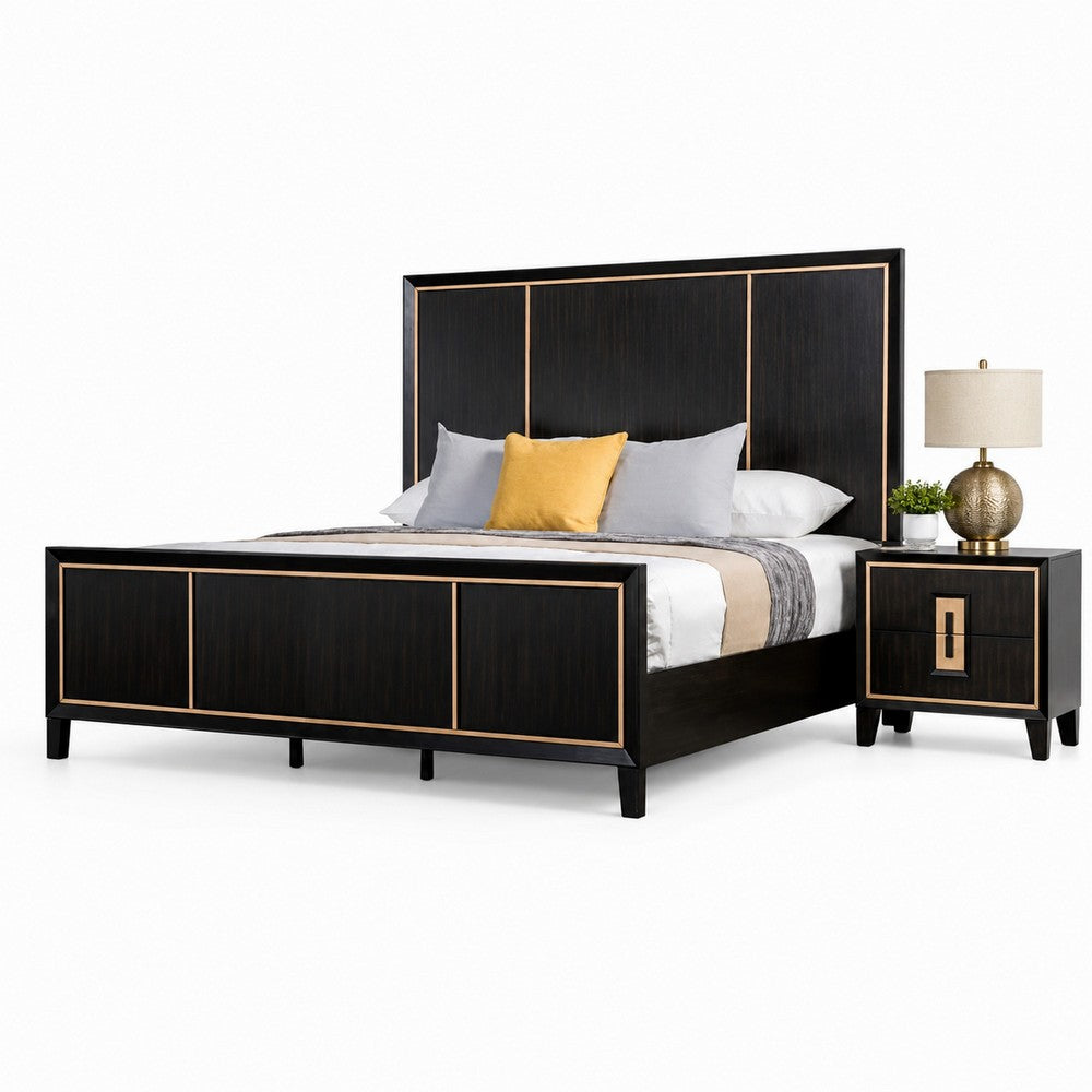 Queen Bedroom Set, Espresso Brown, Gold Wood, 2 Piece Set with Nightstand