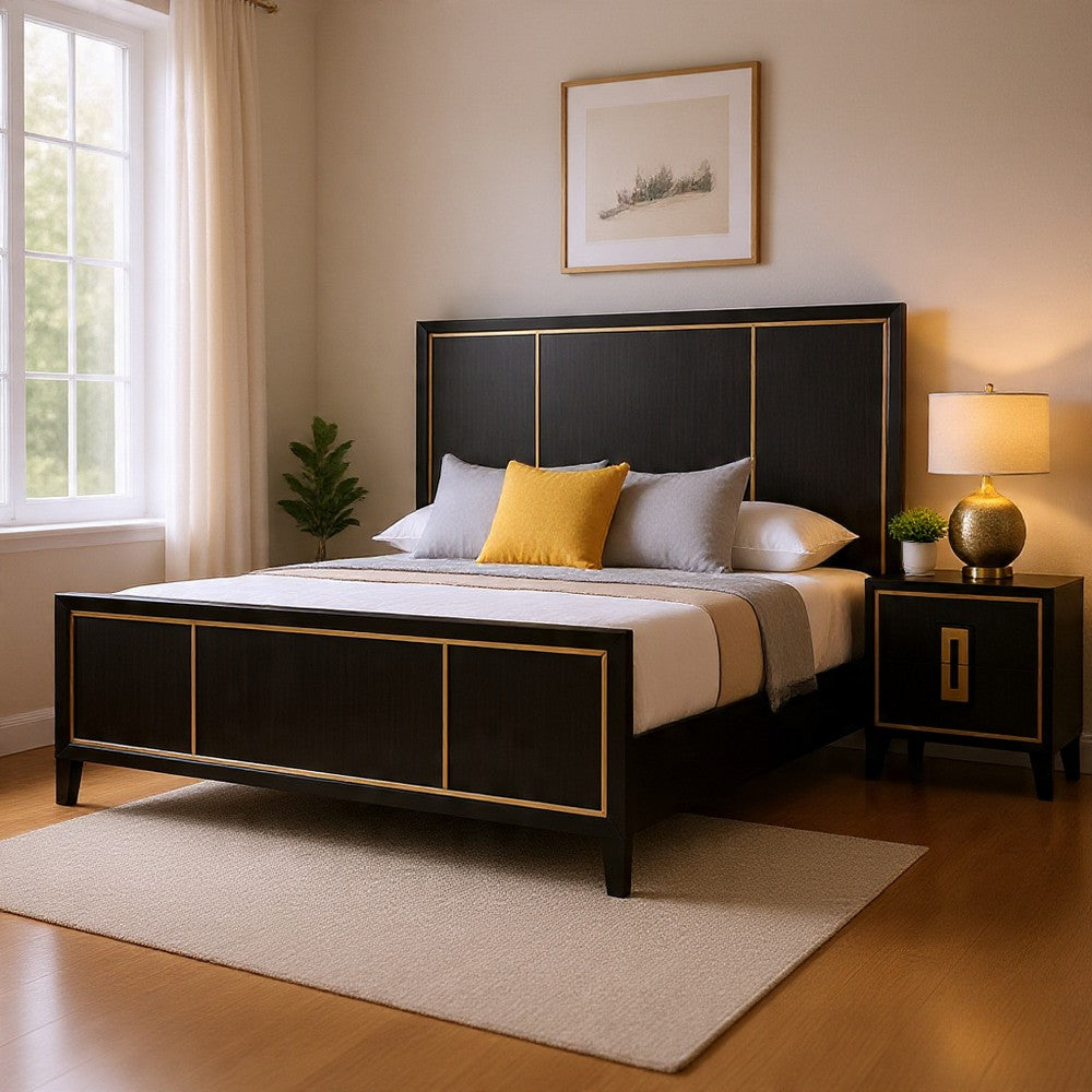 Queen Bedroom Set, Espresso Brown, Gold Wood, 2 Piece Set with Nightstand