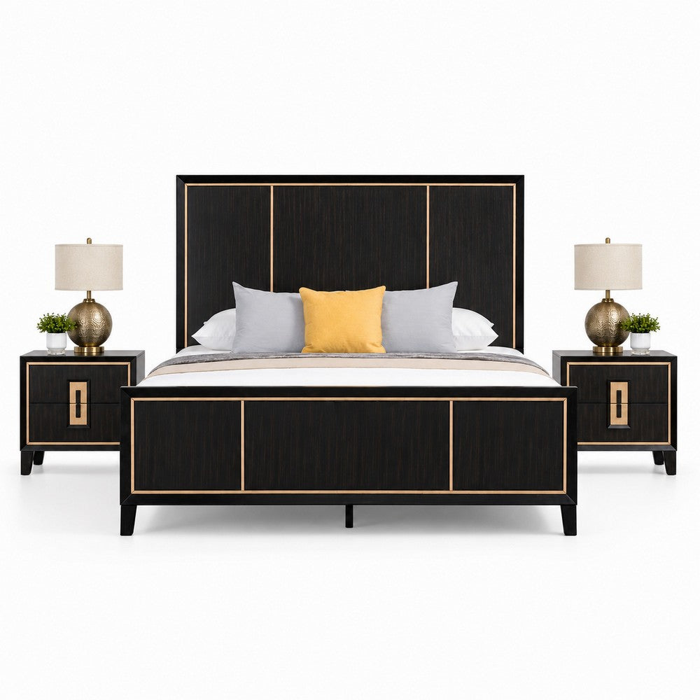Queen Bedroom Set, Espresso Brown, Gold Wood, 3 Piece Set with 2 Nightstands