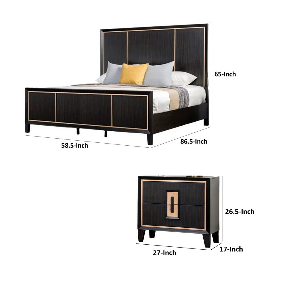 Queen Bedroom Set, Espresso Brown, Gold Wood, 3 Piece Set with 2 Nightstands