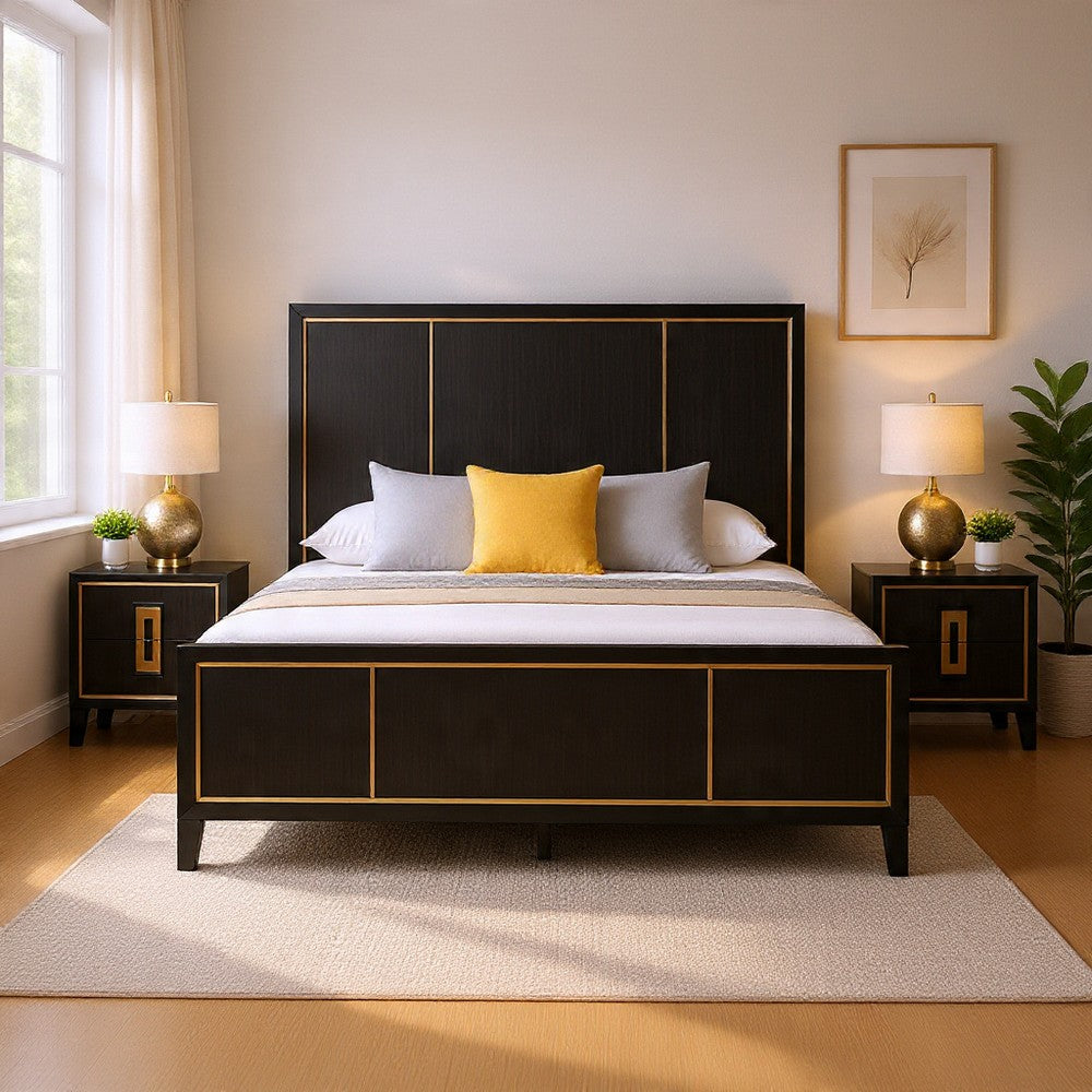 Queen Bedroom Set, Espresso Brown, Gold Wood, 3 Piece Set with 2 Nightstands