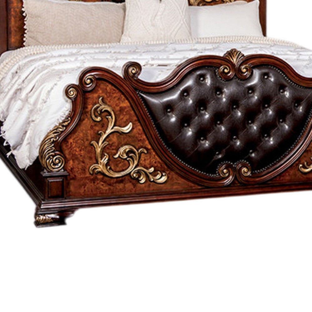Queen Bedroom Set, Cherry Brown, Oak Brown, Gold, Bronze Wood, 2 Piece Set with Nightstand