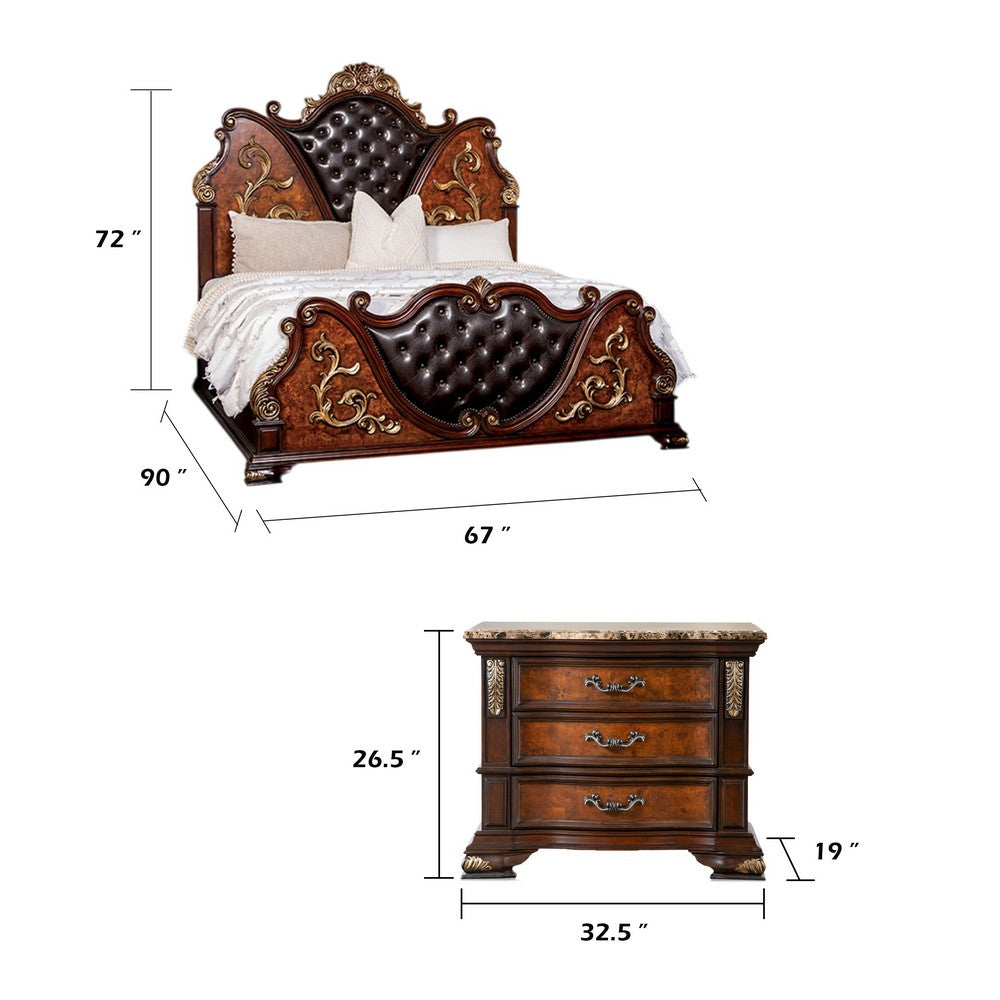 Queen Bedroom Set, Cherry Brown, Oak Brown, Gold, Bronze Wood, 2 Piece Set with Nightstand