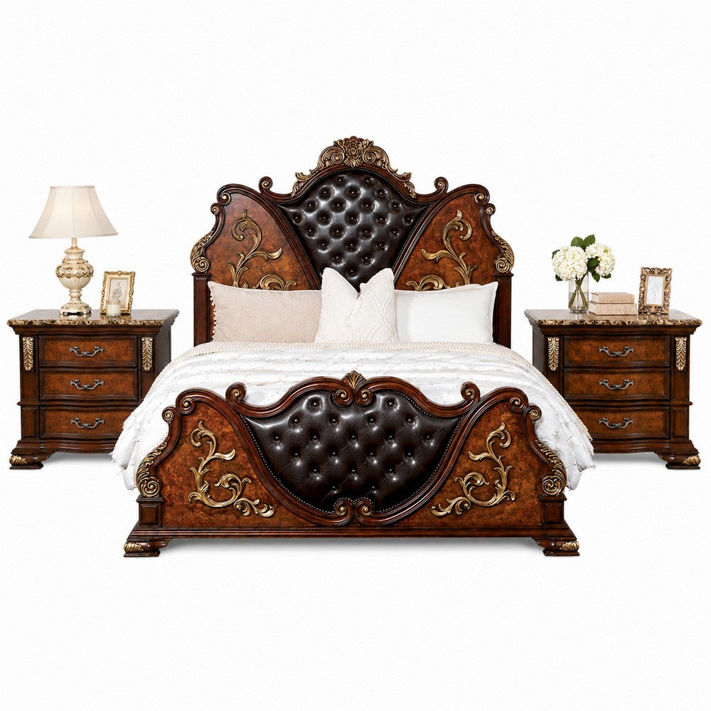 Queen Bedroom Set, Cherry Brown, Oak Brown, Gold, Bronze Wood, 3 Piece Set with 2 Nightstands