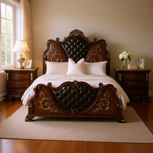 Queen Bedroom Set, Cherry Brown, Oak Brown, Gold, Bronze Wood, 3 Piece Set with 2 Nightstands