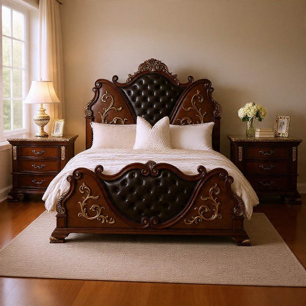 Queen Bedroom Set, Cherry Brown, Oak Brown, Gold, Bronze Wood, 3 Piece Set with 2 Nightstands