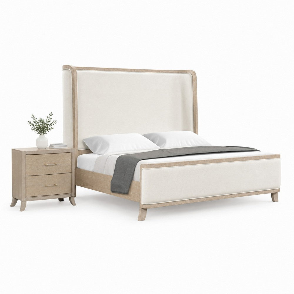 Queen Bedroom Set, Natural Oak Brown, White Wood, 2 Piece Set with Nightstand