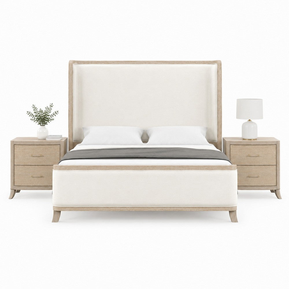 Queen Bedroom Set, Natural Oak Brown, White Wood, 3 Piece Set with 2 Nightstands