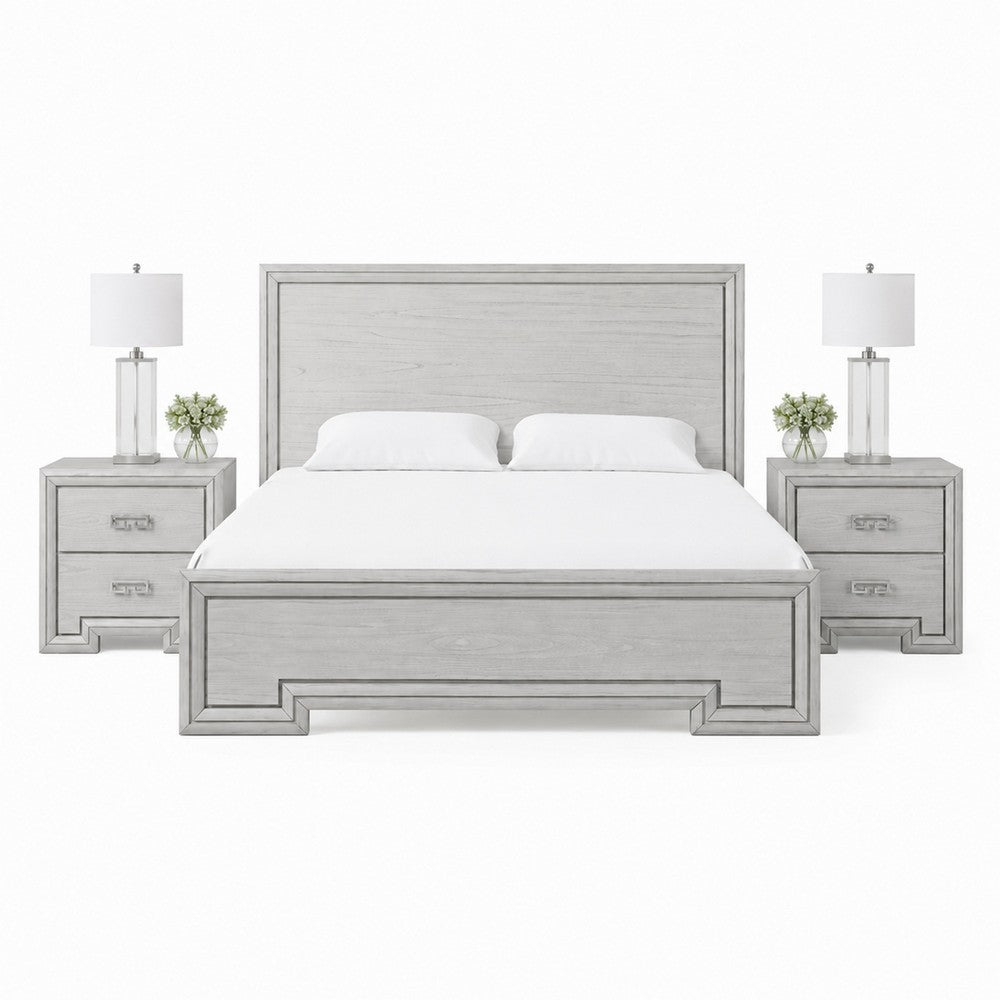 Queen Bedroom Set, White, Nickel Wood, 3 Piece Set with 2 Nightstands