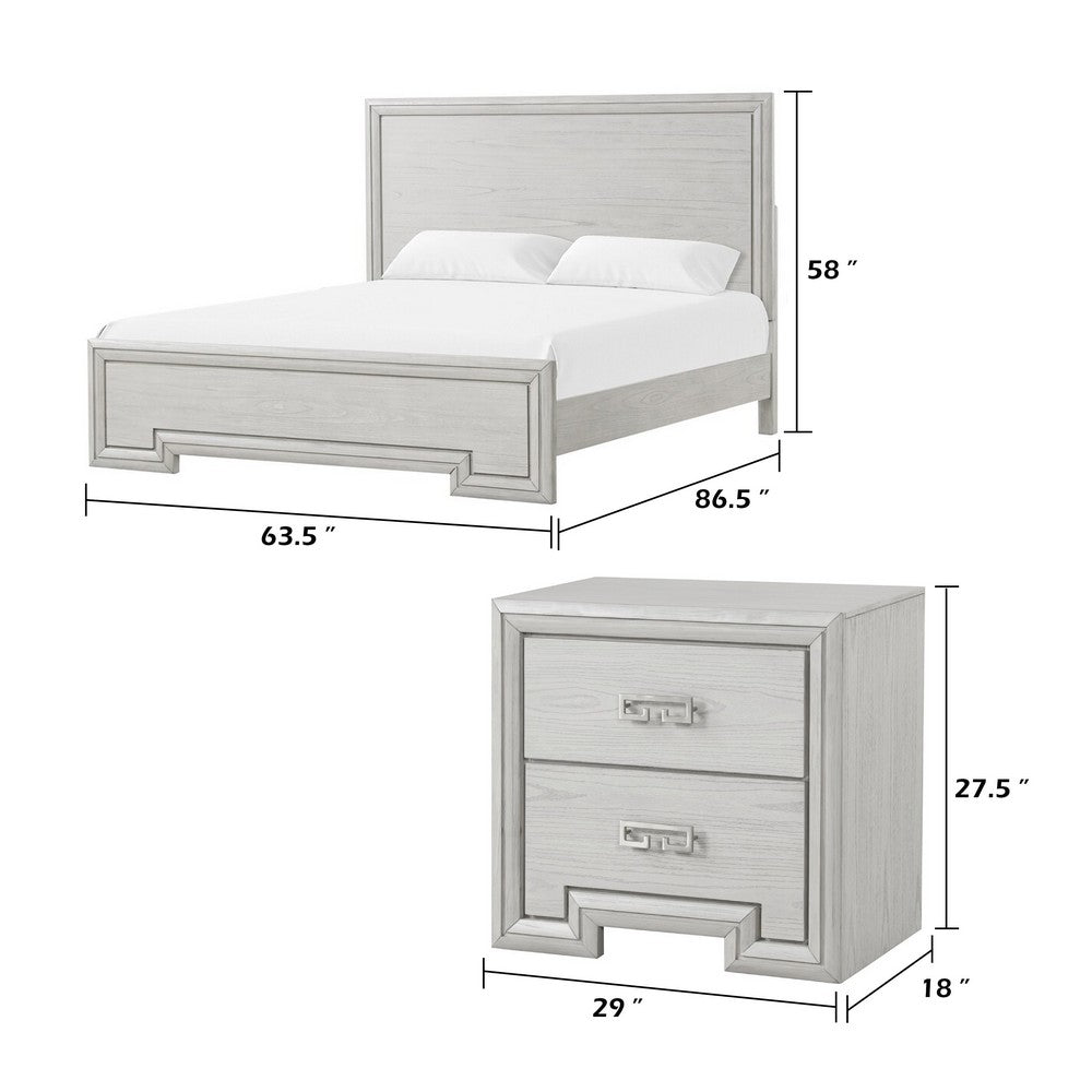Queen Bedroom Set, White, Nickel Wood, 3 Piece Set with 2 Nightstands