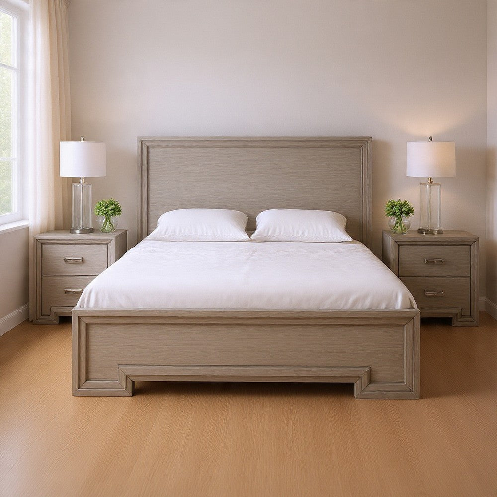 Queen Bedroom Set, White, Nickel Wood, 3 Piece Set with 2 Nightstands