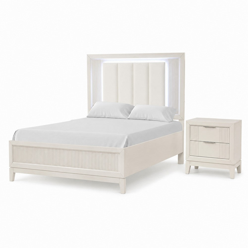 Queen Bedroom Set, White, Chrome Wood, 2 Piece Set with Nightstand