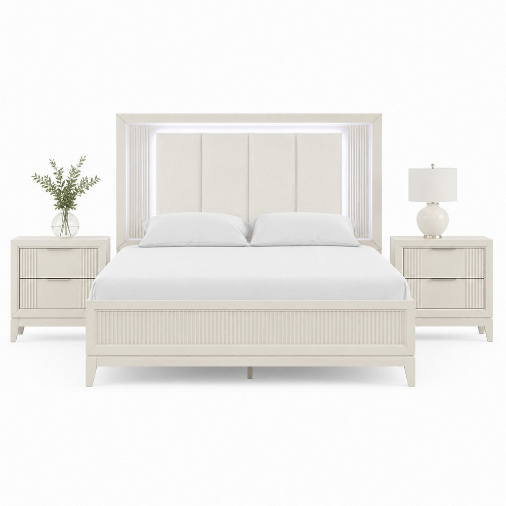 Queen Bedroom Set, White, Chrome Wood, 3 Piece Set with 2 Nightstands