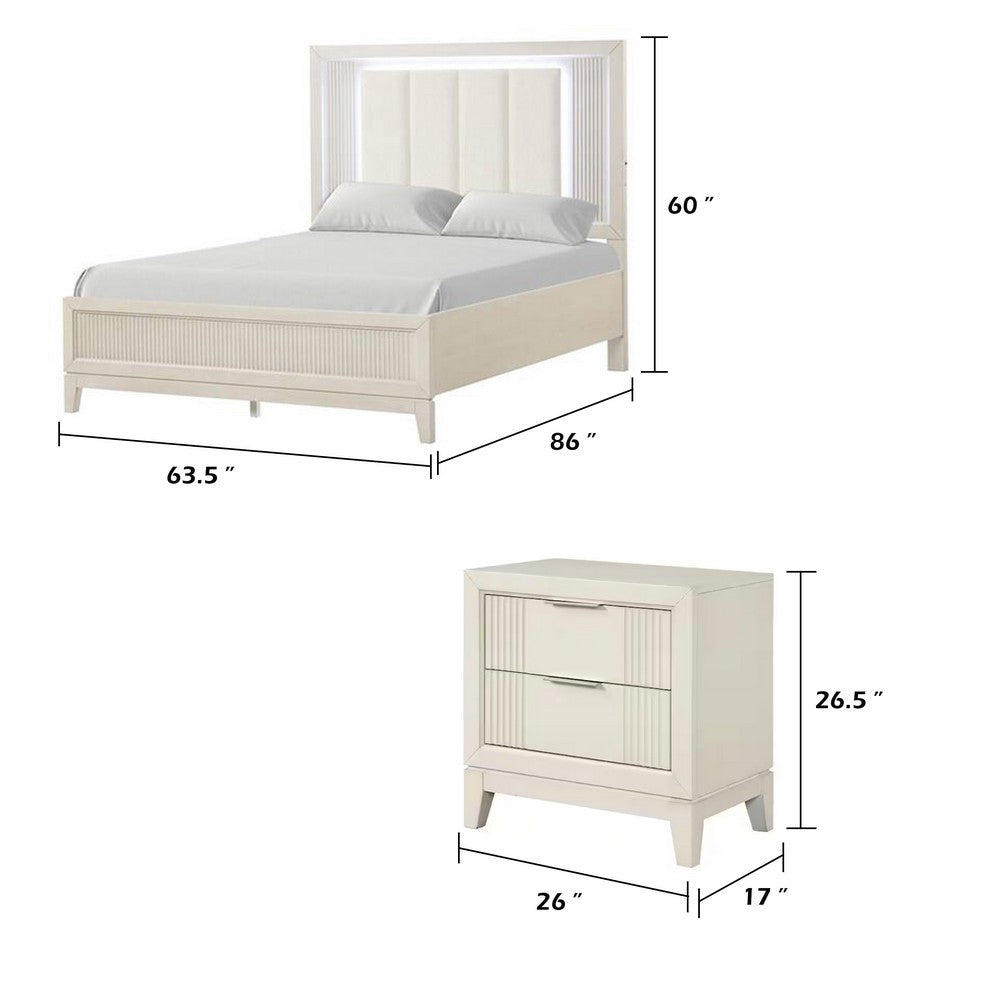 Queen Bedroom Set, White, Chrome Wood, 3 Piece Set with 2 Nightstands