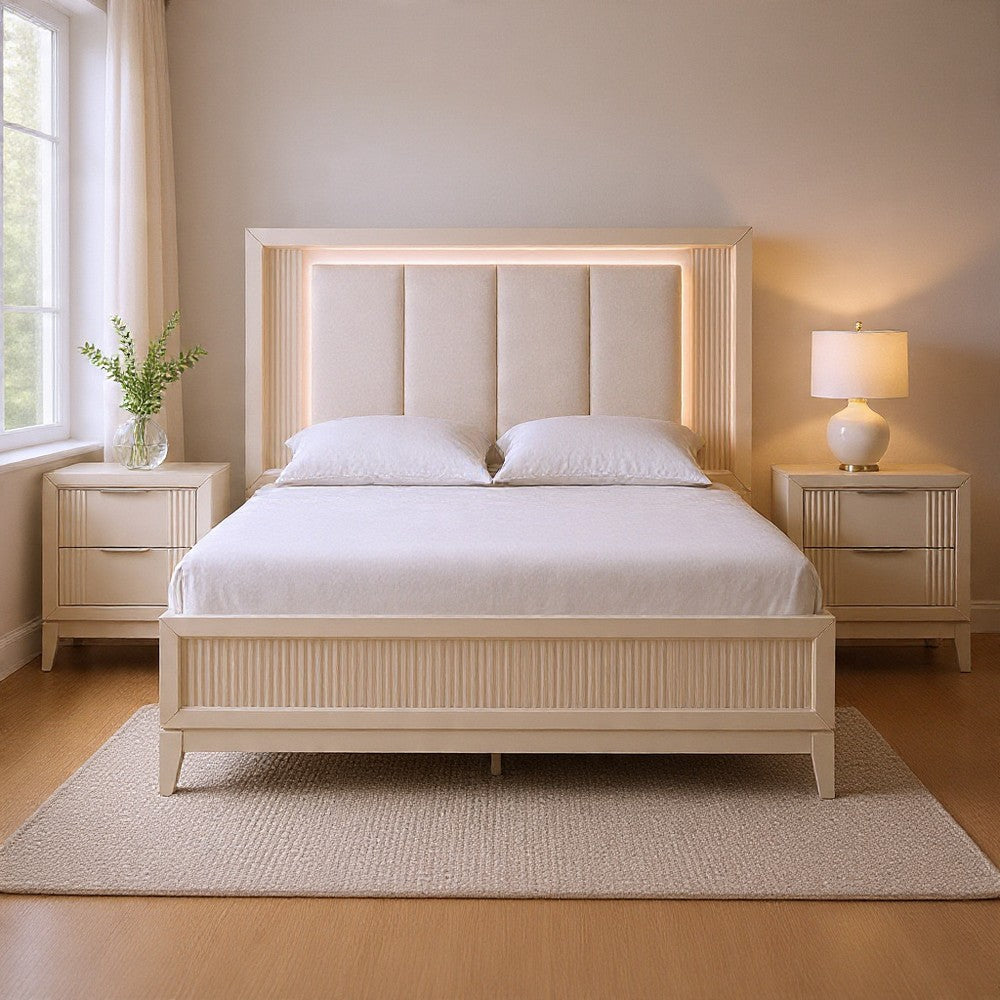 Queen Bedroom Set, White, Chrome Wood, 3 Piece Set with 2 Nightstands