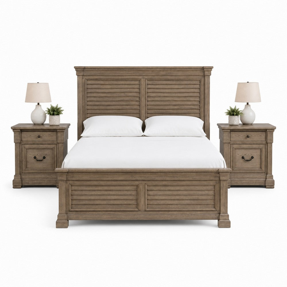 Queen Bedroom Set, Gray, Dark Bronze Wood, 3 Piece Set with 2 Nightstands