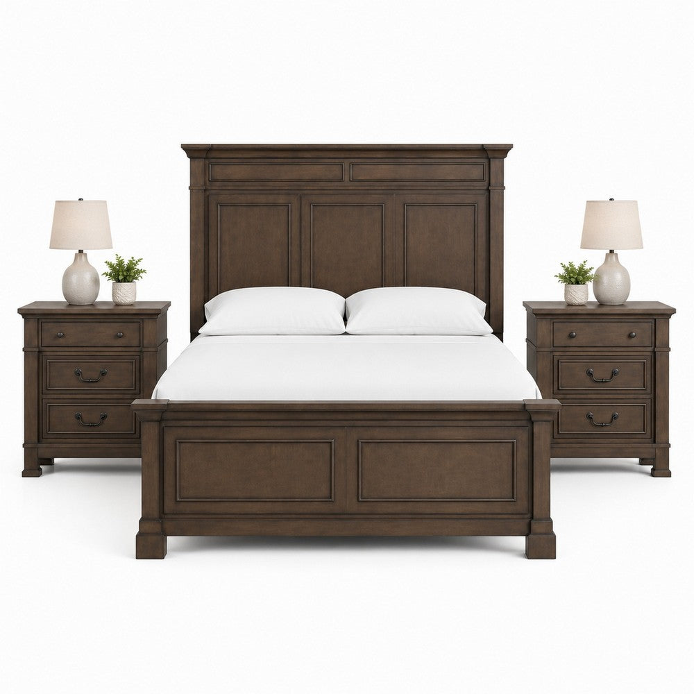 Queen Bedroom Set, Walnut Brown, Black, 3 Piece Set with 2 Nightstands