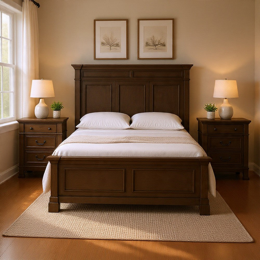 Queen Bedroom Set, Walnut Brown, Black, 3 Piece Set with 2 Nightstands