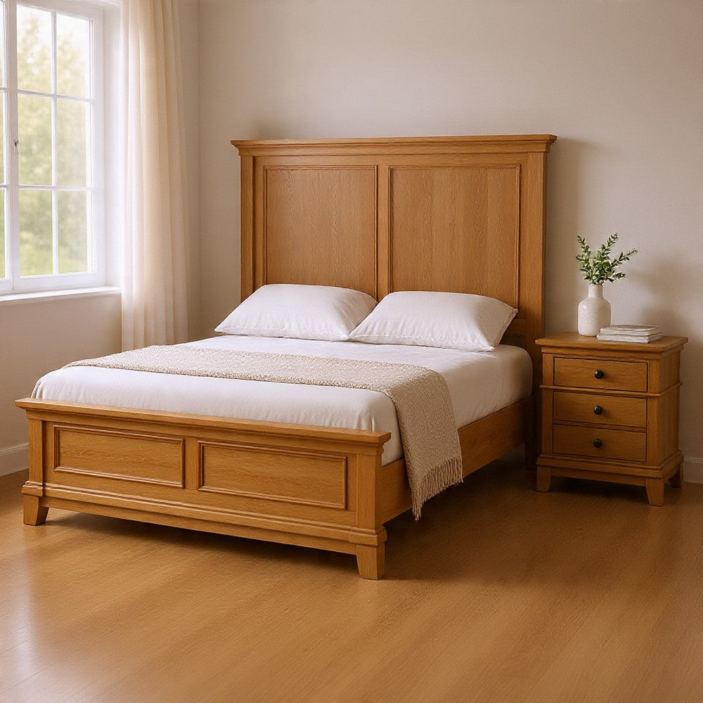 Queen Bedroom Set, Natural Oak Brown Wood, 2 Piece Set with Nightstand