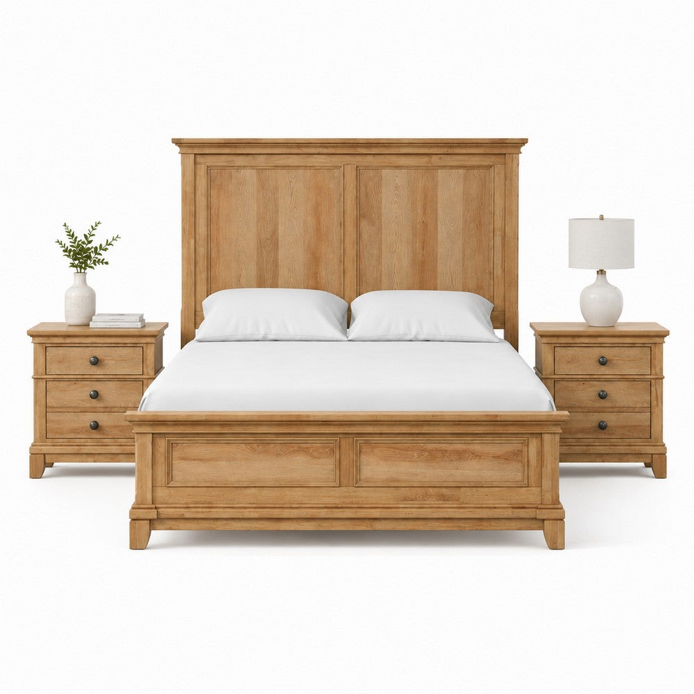 Queen Bedroom Set, Natural Oak Brown Wood, 3 Piece Set with 2 Nightstands