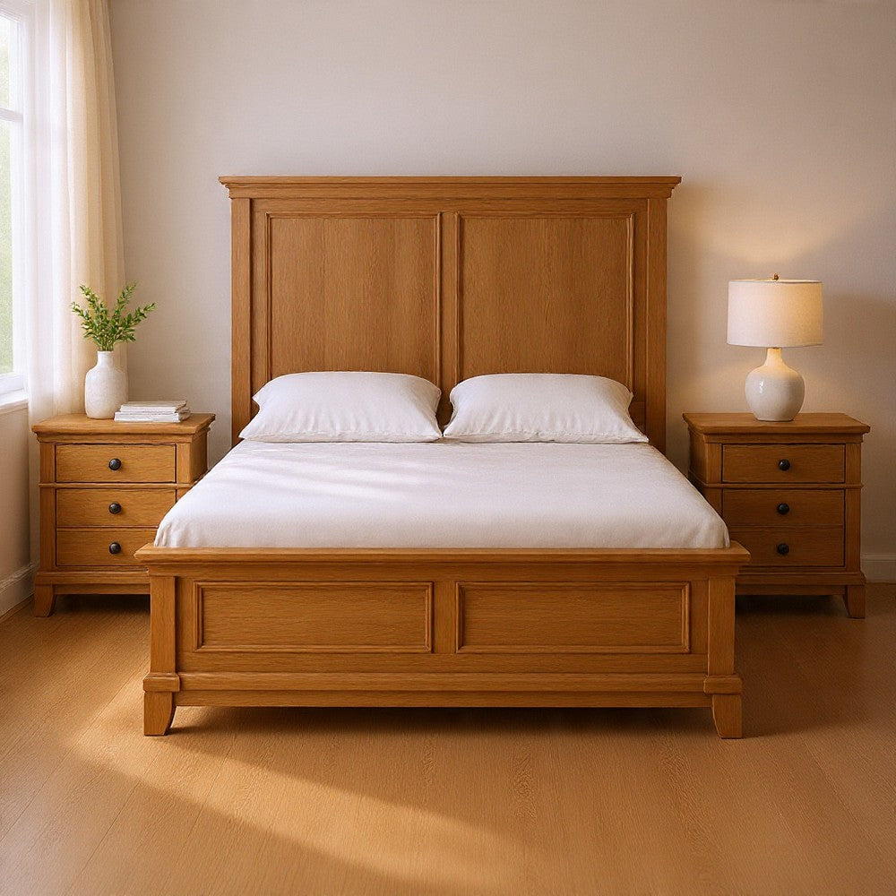 Queen Bedroom Set, Natural Oak Brown Wood, 3 Piece Set with 2 Nightstands
