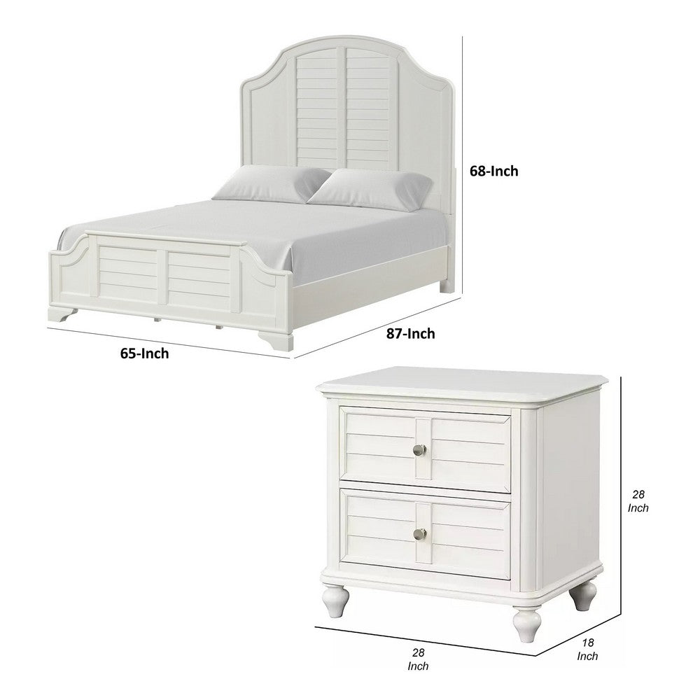 Queen Bedroom Set, White Wood, 2 Piece Set with Nightstand
