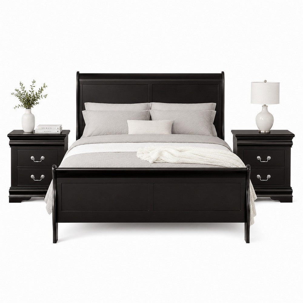 Queen Bedroom Set, Black, Nickel Wood, 3 Piece Set with 2 Nightstands
