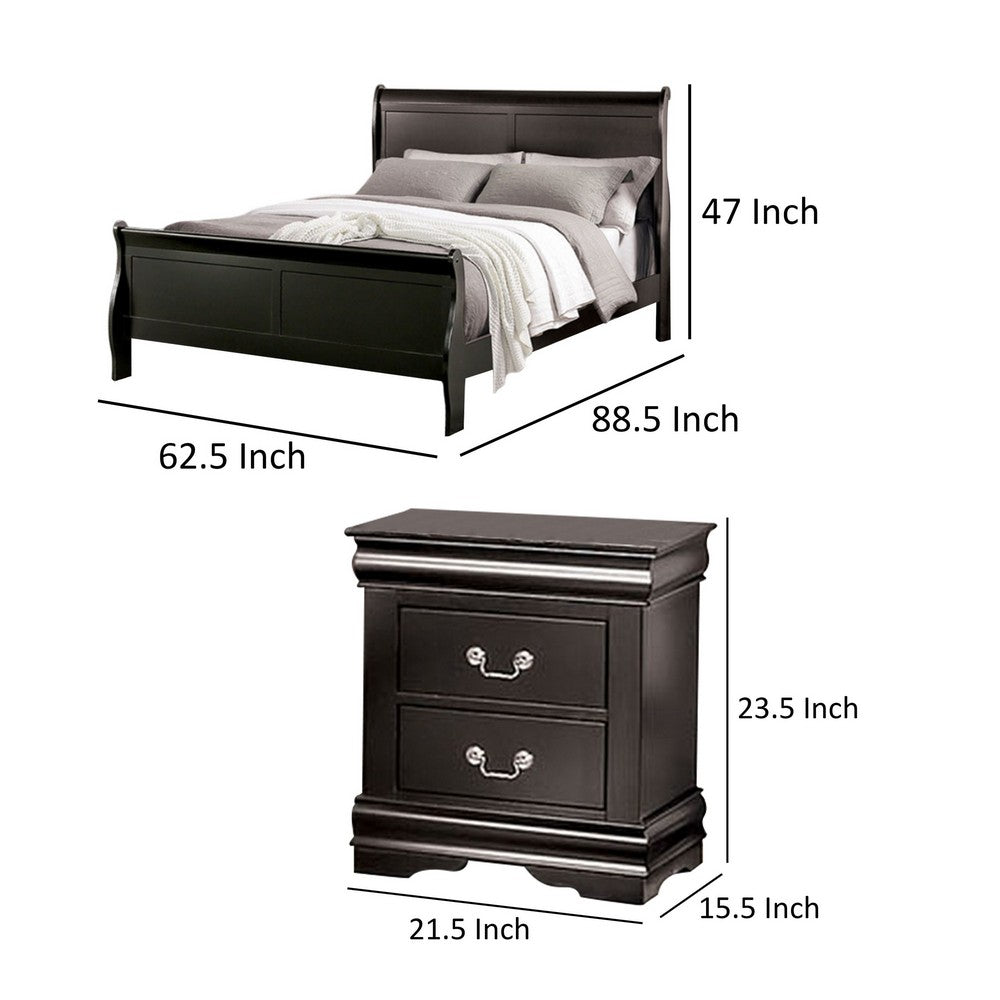 Queen Bedroom Set, Black, Nickel Wood, 3 Piece Set with 2 Nightstands
