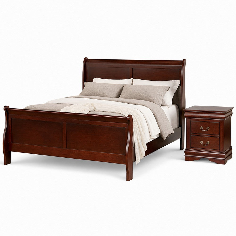 Queen Bedroom Set, Cherry Brown, Bronze Wood, 2 Piece Set with Nightstand