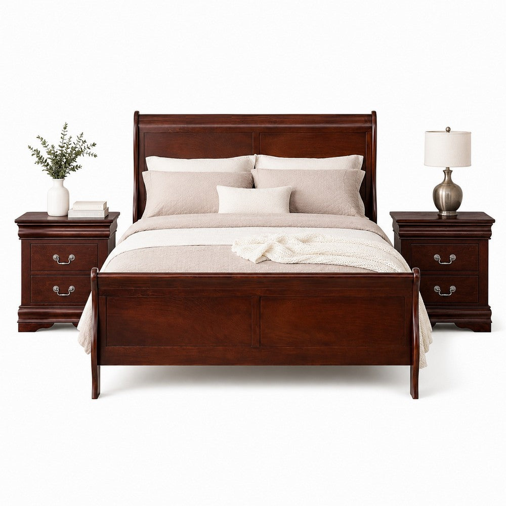 Queen Bedroom Set, Cherry Brown, Bronze Wood, 3 Piece Set with 2 Nightstands
